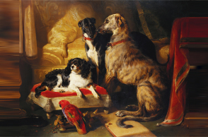 Edwin Landseer, Hector, Nero and Dash with the Parrot Lory, 1838 Royal Collection Trust _ © His Majesty King Charles III 2023