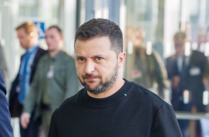 Ο Ουκρανός πρόεδρος, Βολοντίμιρ Ζελένσκι, στη Σύνοδο των υπουργών Άμυνας του ΝΑΤΟ