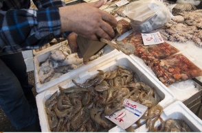 Γαρίδες και χταπόδια σε πάγκο με σαρακοστιανά - θαλασσινά σε ψαραγορά