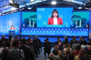 H Πρόεδρος της Δημοκρατίας, Κατερίνα Σακελλαροπούλου, στο 9ο Οικονομικό Φόρουμ των Δελφών