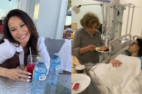 Η Μάρω Λύτρα στη φωτογραφία αριστερά χαμογελά και δεξιά δέχεται φροντίδα ενώ βρίσκεται στο νοσοκομείο