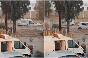 Ισχυρή νεροποντή στην Πάρο - Χείμαρροι παρέσυραν οχήματα, ήχησε το 112