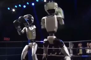 Δύο ανθρωποειδή ρομπότ αντάλλαξαν γροθιές σε τουρνουά kick-boxing στην πόλη Χανγκτζού της Κίνας - Αναπτύχθηκαν από την εταιρία Unitree Robotics.
