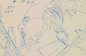 Διονύσης Σαββόπουλος, λεπτομέρεια σκίτσου Αλέκου Φασιανού