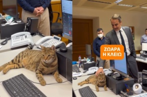 Ο Κυριάκος Μητσοτάκης στο Μέγαρο Μαξίμου με τη γατούλα Κλειώ