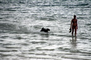 Γυναίκα με μαγιό μαζί με τον σκύλο της στην παραλία
