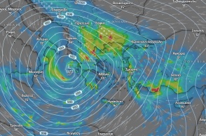 Χάρτης καιρού που απεικονίζει χαμηλό βαρομετρικό