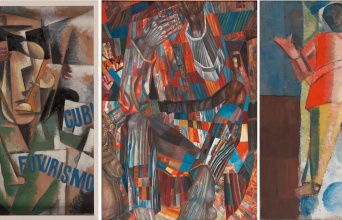 Λιουμπόβ Ποπόβα, Κυβοφουτουριστικό πορτρέτο, 1914, Λάδι σε χαρτόνι / ΒσέβολοντΣουλίμο-Σαμουίλο, Τμήμα από διακοσμητικό πανό για τον Κρατικό Οίκο Τυπογραφίας του Λένινγκραντ, 1927, Λάδι σε καμβά / Αλεξέι Μοργκουνόφ, Όρθια φιγούρα (αεροπόρος), 1913, Λάδι σε καμβά 