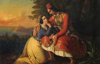 Πίνακας ζωγραφικής «Αποχαιρετισμός στο Σούνιο» δείχνει πολεμιστή και κοπέλα 