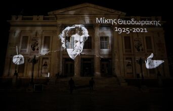 3D προβολή του Μίκη Θεοδωράκη στην πρόσοψη του Δημοτικού Θεάτρου Πειραιά