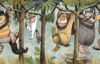 Εικονογράφηση με άγρια ζώα που κρέμονται από κλαδιά δέντρων, ανάμεσά τους και ένα άνθρωπος