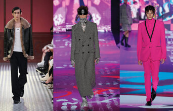 Άνδρες μοντέλα στην πασαρέλα με ρούχα των Prada, Dolce & Gabbana, Dolce & Gabbana