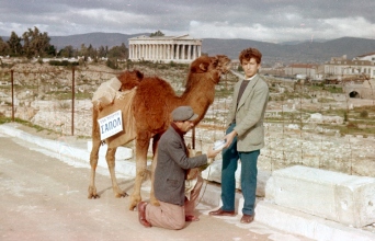 Καμήλα στην οδό Αστεροσκοπείου, 1957. Από το 1954 ένας πλανόδιος πωλητής κυκλοφορούσε στην Αθήνα με μια καμήλα, πουλώντας φιαλίδια με το υγρό σαπούνι «ΣΑΠΟΛ»