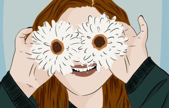 Σκίτσο κοπέλας που κρατάει μπροστά από τα μάτια της δύο μεγάλες μαργαρίτες