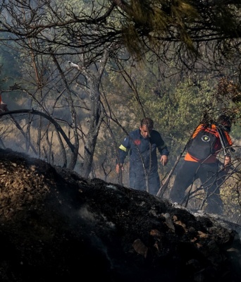 Πυροσβέστες και εθελοντές με μάνικα στα χέρια επιχειρούν για την κατάσβεση πυρκαγιάς