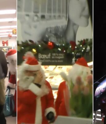 Μεταμφιεσμένοι σε Άγιους Βασίληδες, μέλη συλλογικότητας στο Μόντρεαλ πήραν τρόφιμα από σούπερ μάρκετ για να τα μοιράσουν σε άπορους, καταγγέλλοντας την ακρίβεια