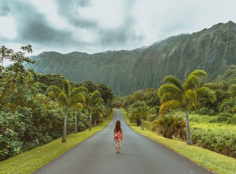 Γυναίκα στέκεται στη μέση ενός δρόμου με φόντο πράσινα δαση