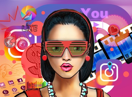 Σκίτσο γυναίκας influencers περιτριγυρισμένης από εικονίδια των social media