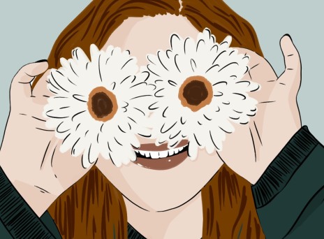 Σκίτσο κοπέλας που κρατάει μπροστά από τα μάτια της δύο μεγάλες μαργαρίτες