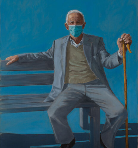 Πίνακας ζωγραφικής "Wondering" με ηλικιωμένο άντρα με μαγκούρα και μάσκα στο πρόσωπο καθισμένο σε παγκάκι