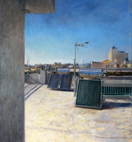Αντώνης Σκαμπαβιρίας - «Πέρα από το μπετόν» στη Γκαλερί Σκουφά: Το έργο του «Ταράτσα στο Νέο Κόσμο», 81x100