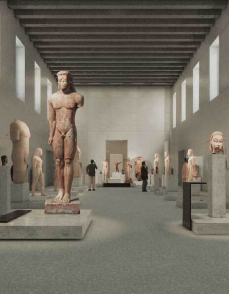 Φωτορεαλιστική απεικόνιση από την αίθουσα με τους Κούρους και τις Κόρες στο Εθνικό Αρχαιολογικό Μουσείο