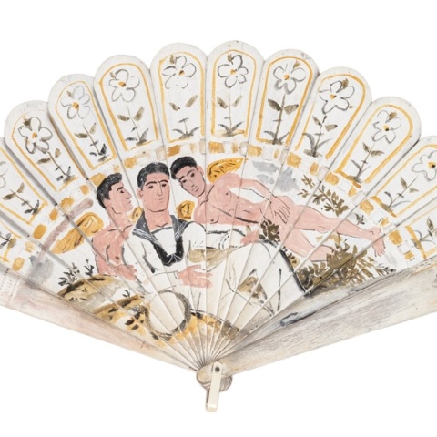 Γιάννης Τσαρούχης, Ναύτης και έρωτες,  υδατογραφία σε ξύλινη βεντάλια, 19,5 Χ 33,5 cm