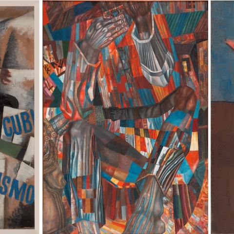 Λιουμπόβ Ποπόβα, Κυβοφουτουριστικό πορτρέτο, 1914, Λάδι σε χαρτόνι / ΒσέβολοντΣουλίμο-Σαμουίλο, Τμήμα από διακοσμητικό πανό για τον Κρατικό Οίκο Τυπογραφίας του Λένινγκραντ, 1927, Λάδι σε καμβά / Αλεξέι Μοργκουνόφ, Όρθια φιγούρα (αεροπόρος), 1913, Λάδι σε καμβά 