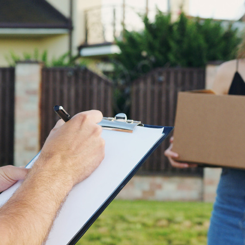 Ένα κορίτσι παραλαμβάνει ένα δέμα. 