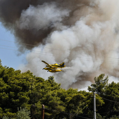Πυροσβεστικό αεροσκάφος ρίχνει νερό στη φωτιά στην Αχαΐα