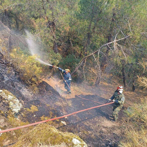 Στρατιώτες βοηθούν πυροσβέστες στην επιχείρηση για τη φωτιά στη Δαδιά