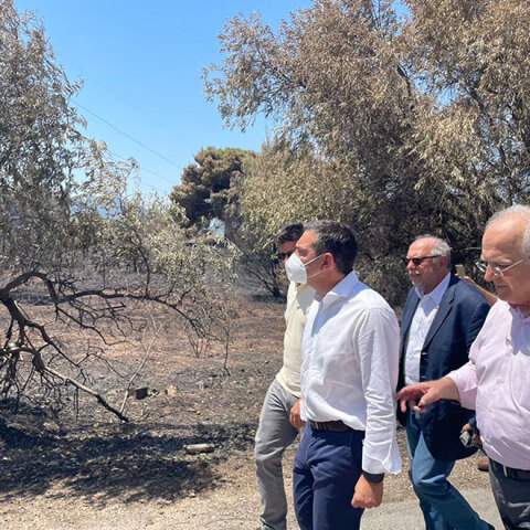 Ο πρόεδρος του ΣΥΡΙΖΑ Αλέξης Τσίπρας στο Ντράφι μετά την καταστροφική φωτιά