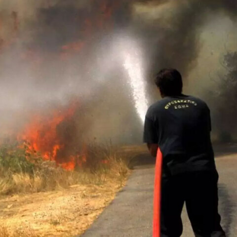 Πυροσβέστης ρίχνει νερό σε δασική πυρκαγιά