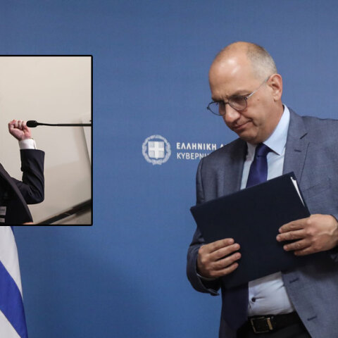 Ο κυβερνητικός εκπρόσωπος Γιάννης Οικονόμου και ο πρόεδρος του ΠΑΣΟΚ - ΚΙΝΑΛ Νίκος Ανδρουλάκης