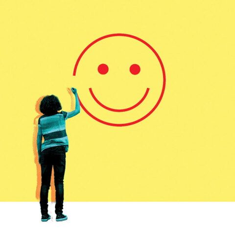 Εικονογράφηση: Κοπέλα ζωγραφίζει χαμογελαστή φατσούλα σε τοίχο