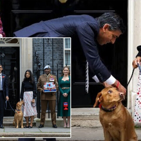 Ο Ρίσι Σούνακ χαϊδεύει τον σκύλο του έξω από την Ντάουνινγκ Στριτ 10