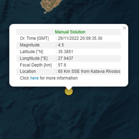 Χάρτης με το επίκεντρο του σεισμού στη Ρόδο