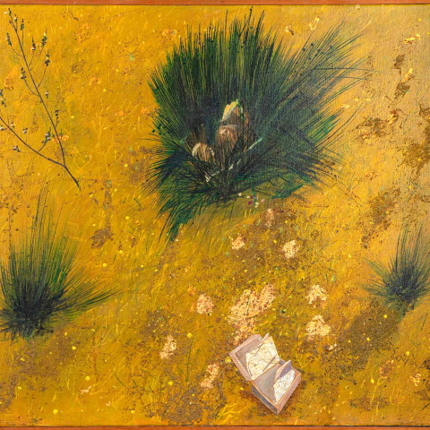 Σπύρος Βασιλείου (π.1902-1985), Τέλος εποχής | υπογεγραμμένο και χρονολογημένο κάτω δεξιά: Σπύρος Βα- / σιλείου / 72, ακρυλικό, άμμος και collage σε μουσαμά, 60 x 81 εκ., € 2.000-3.000