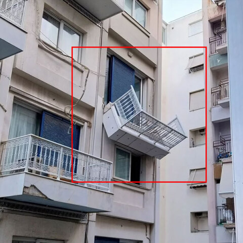 Το μπαλκόνι στη Συγγρού που έχει ξεκολλήσει από το ξενοδοχείο