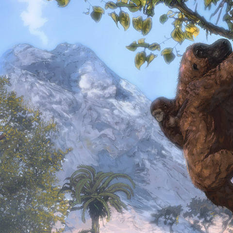 Καλλιτεχνική αναπαράσταση ανοιχτού δάσους με τον πίθηκο Morotopithecus bishop