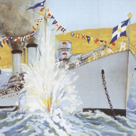 Καλλιτεχνική απεικόνιση του τορπιλισμού της «Έλλης» από εφημερίδα της εποχής