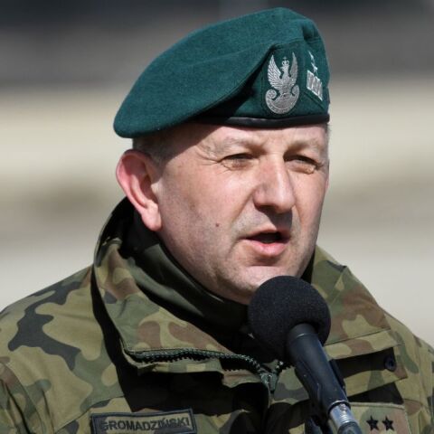 The commander of the 18th Mechanized Division, general Jaroslaw Gromadzinski during joint military maneuvers of Polish and American soldiers at the military training ground in Nowa Deba, Poland, 08 April 2022