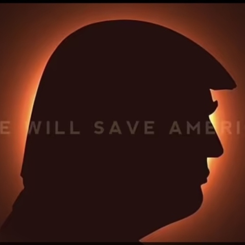 Το κεφάλι του Ντόναλντ Τραμπ καλύπτει σιγά-σιγά ολόκληρο τον ήλιο και μια φράση αναβοσβήνει στην οθόνη: «Θα σώσουμε την Αμερική και θα την κάνουμε υπέροχη ξανά»