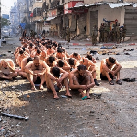 Δεκάδες Παλαιστίνιοι αιχμάλωτοι καθίσμενοι στη μέση του δρόμου