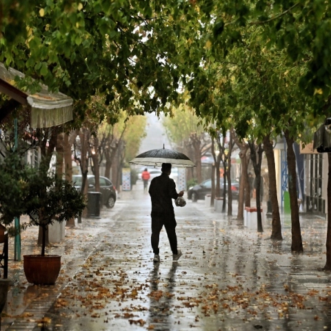 Άνδρας όρθιος με ομπρέλα στη μέση του δρόμου κατά την διάρκεια βροχής