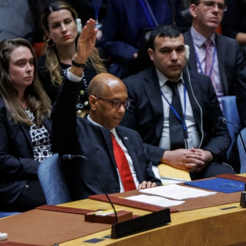 Ο Αντιπρόσωπος των ΗΠΑ, Ρόμπερτ Γουντ σηκώνει το χέρι του για να υποδείξει την ψήφο του κατά της ένταξης της Παλαιστίνης στα Ηνωμένα Έθνη 