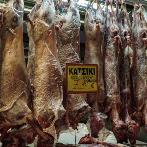 Σφαγμένα κατσίκια κρεμασμένα