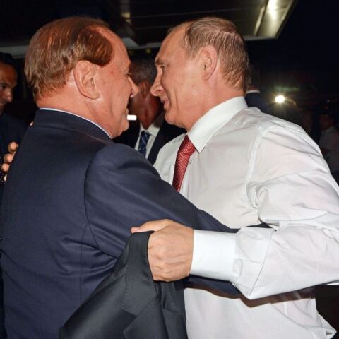 Russian President Vladimir Putin (R) meets former Italian prime minister Silvio Berlusconi (L) at Fiumicino Airport in Rome, Italy, 10 June 2015. Vladimir Putin is on a working visit in Italy meeting with PM Renzi, President Mattarella and Pope Francis. EPA/TELENEWS