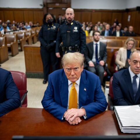 Republican presidential candidate, former US President Donald Trump awaits the start of proceedings in his criminal trial at the New York State Supreme Court in New York, USA, 02 May 2024. Trump is facing 34 felony counts of falsifying business records related to payments made to adult film star Stormy Daniels during his 2016 presidential campaign.