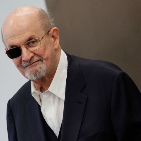 British-American novelist and German Book Trade Peace Prize laureate Salman Rushdie attends a press conference at the International Book Fair Frankfurt 2023 in Frankfurt am Main,